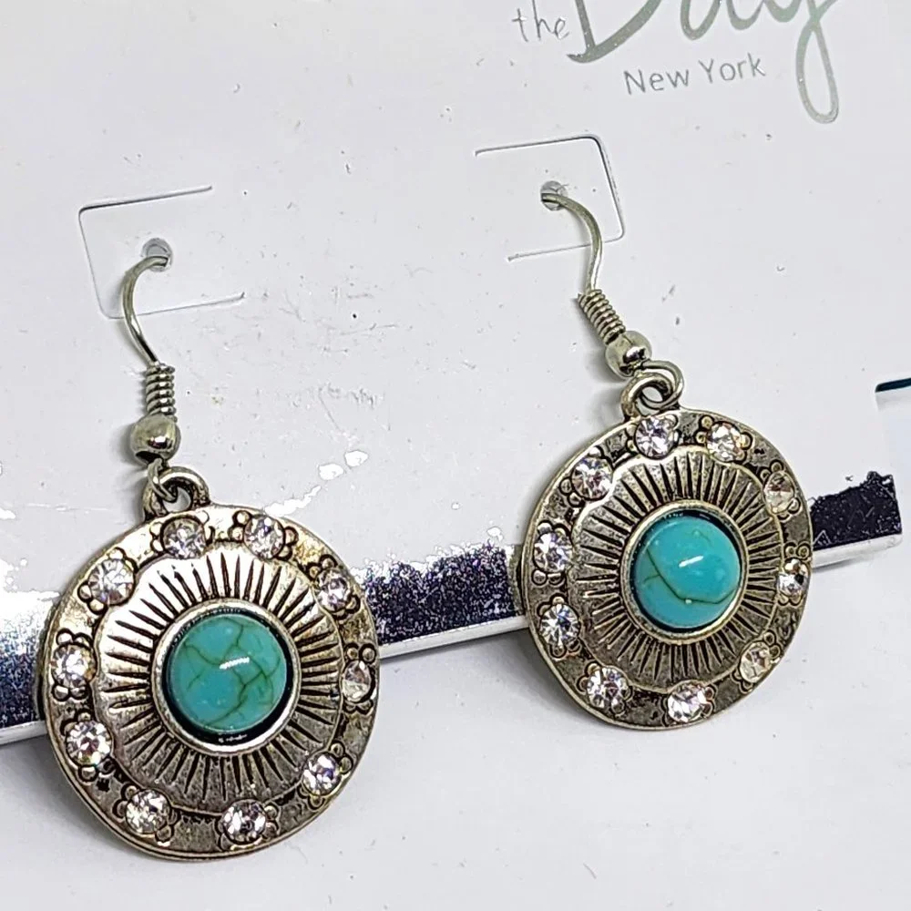 By the Bay NY Southwest Tribal Round Dangle Rhinestone Turquoise Earrings